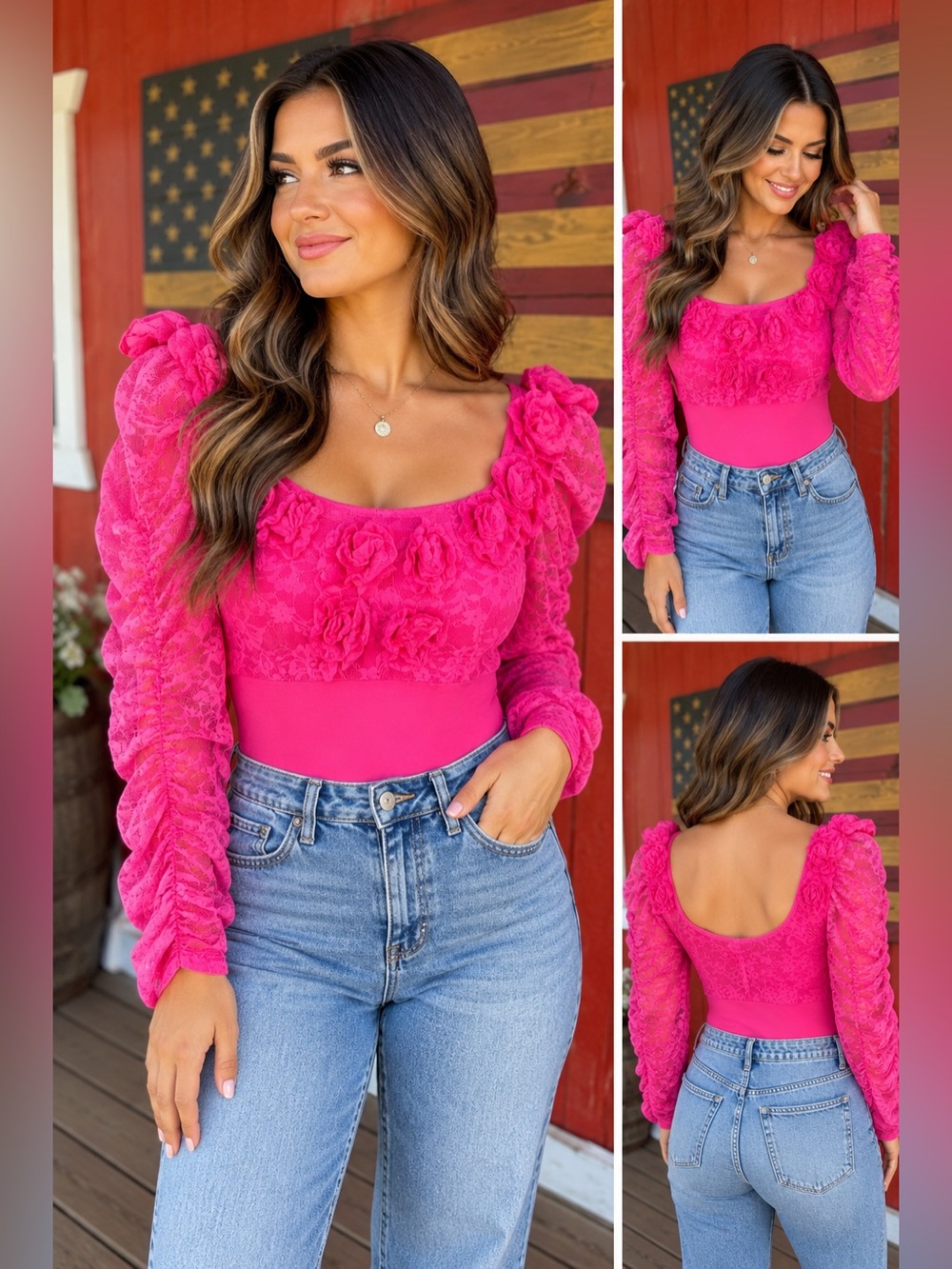 Virtual Sensuality Fajate Hot Pink Lace Rosette Long Sleeve Shaping Bodysuit